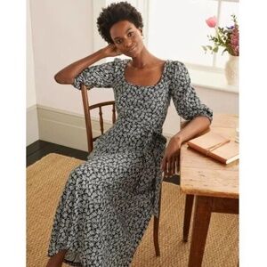 BODEN Sophia Cherry Short Puff Sleeve Midi Dress Sz 12R Fit & Flare Flattering